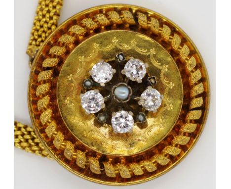 Diamond set gold pendant on chain Shield pendant set with a diamonds and pearls. Tests as 22ct. Unmarked. A/F to mesh chain. 