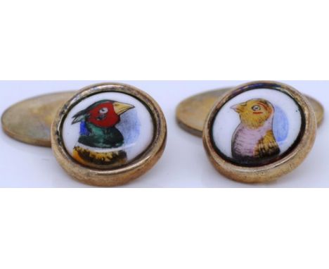 Vintage enamel and sterling silver bird cufflinks with chain link and Oxford oval shield backs marked 925. Painted enamel gla