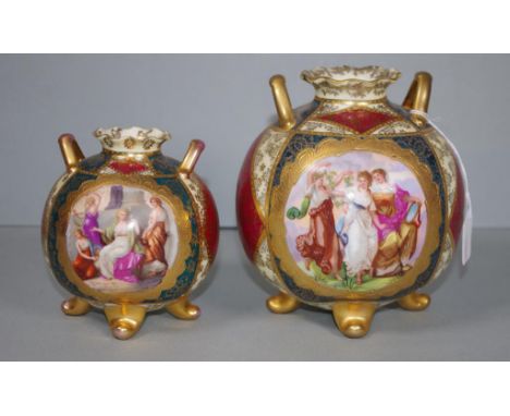 Graduated pair Royal Vienna ceramic vases each with classical scenes, painted in cartouche, marked to bases. Height 12cm and 