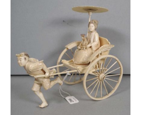 Japanese Meiji (1868-1912) carved ivory okimono of a lady in a rickshaw, 20cm long, 18.5cm high approx. Provenance: Sold by L