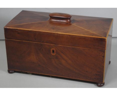 Georgian mahogany sarcophagus tea caddy on four bun feet, with fitted internal compartments, width 30cm X 15cm X 19cm height