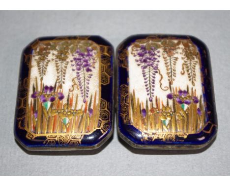 Vintage Satsuma ceramic buckle 2 piece buckle, each rectangular ceramic piece decorated with wisteria, on silver backing. Hei