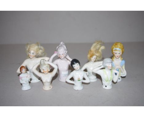 Eight various vintage German half dolls height 8cm approx (tallest)