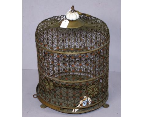 Vintage Chinese brass bird cage including brass hook for hanging, (height 31cm approx).