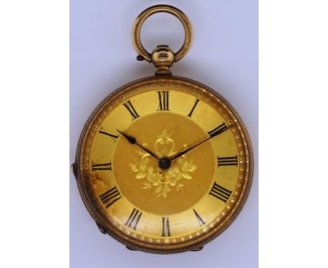 Antique 14ct gold fob watch. With open face, bright cut engraved and engine turned decoration. Roman numerals and some discol