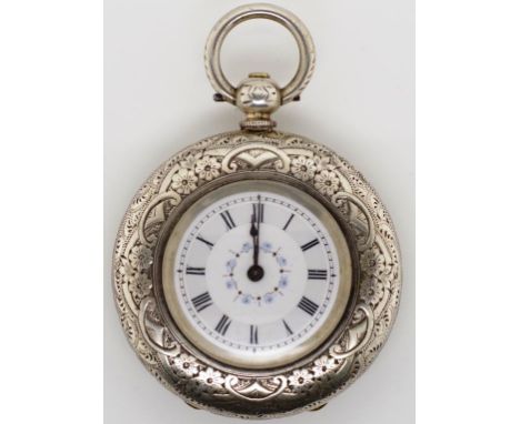 Antique fine silver ladies pocket watch with a profusely decorated bright cut engraving to the body, a  handpainted dial. Man