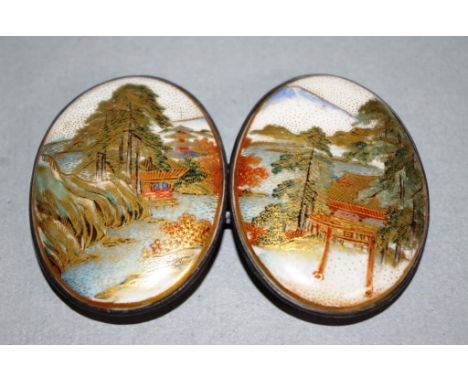 Vintage Satsuma ceramic buckle 2 piece oval buckle, Japanese scene decoration on ceramic, silver bases. Height 6cm approx (ea