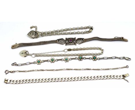 Silver bracelet group includes a curb link, two cable links with heart lockets, a wheat chain, figaro link and a flower and c