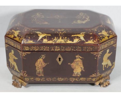Regency Chinoiserie lacquered caddy with gold painted figures & birds, twin interior of engraved double lidded pewter contain