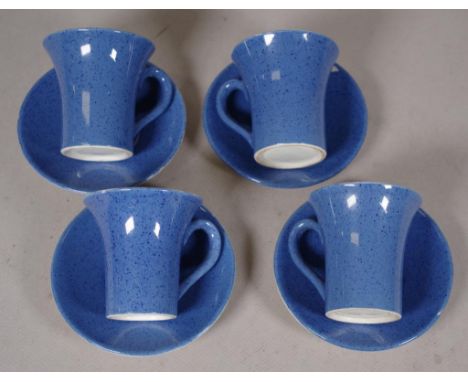 Four Moorcroft 'Powder Blue' coffee cups & saucers (1 saucer with glaze chips to rim).