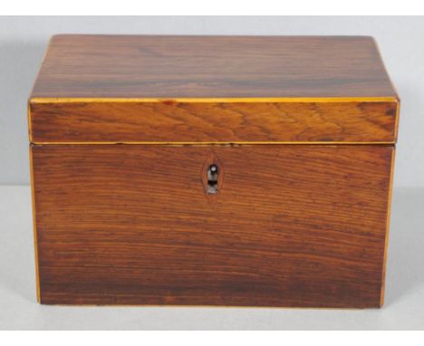George III East Indies Rosewood caddy boxwood strung with matching interior with turned ivory knobs, c1800, 19cm x 11cm, 12cm