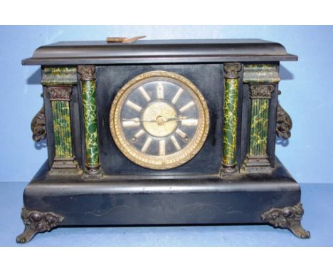 Antique American sessions mantle clock in architectural wooden case, with striking movement (bell), key and pendulum included