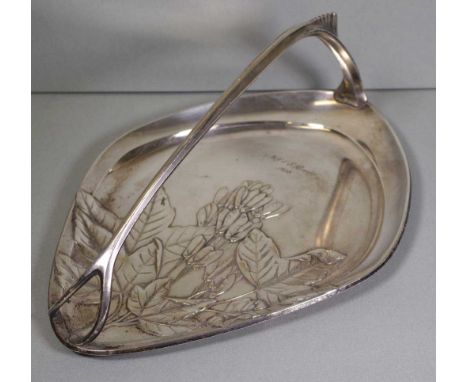 WMF silver plated basket with raised decoration and arched handle, engraving dated 1938, 34cm x 25.5cm