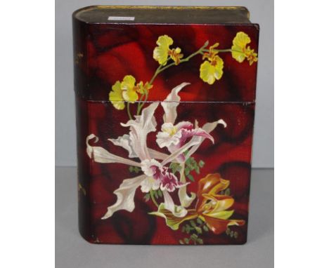 Vintage hand painted bible box hand painted floral decoration, on book form box. Height 19cm approx.