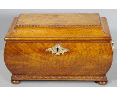 Rare Pollard oak Regency period caddy of bomb sarcophagus shape, interior with lidded canisters and basket of fruit handles, 