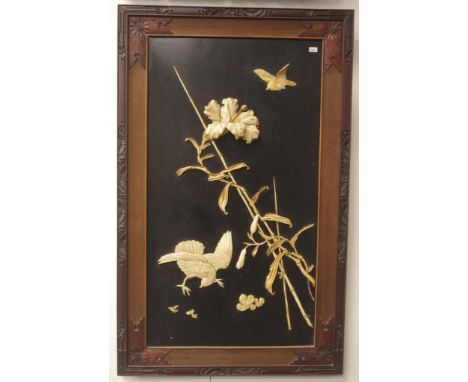 Good antique decorative Oriental wall panel applied decoration in bone & ivory, C;1900. Ex Mosman estate. (This item may not 