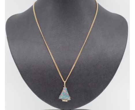 Opal triplet 9ct gold pendant and chain. pendant set with a trilogy of diamonds under the opal marked 9ct to pendant., chain 