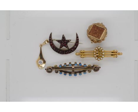 Antique and vintage gold and plate jewellery to include a marked 15ct gold seed pearl set brooch, a 9ct gold pendant also mar