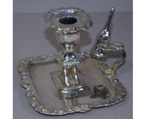 George III Old Sheffield Plate chamber stick with snuffer. Height 11cm approx, has been re-electroplated