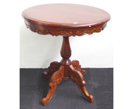 Pedestal wine / lamp table with carved base. 59cm and 65cm tall.