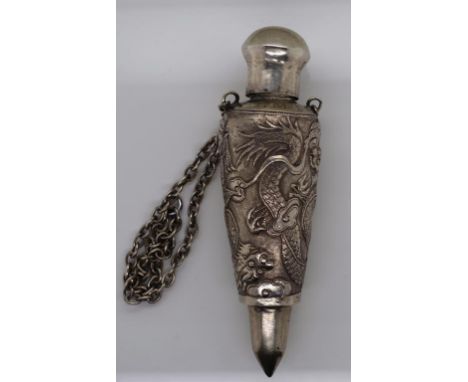 Chinese export silver perfume bottle on chain profusely chased with dragons, by Woshing Shanghai 1870-1910 approx 43 grams to