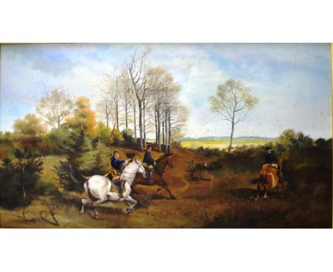 European School C20th - "Hunting Scene" oil on canvas, signed lower left, 42cm X 75cm approx