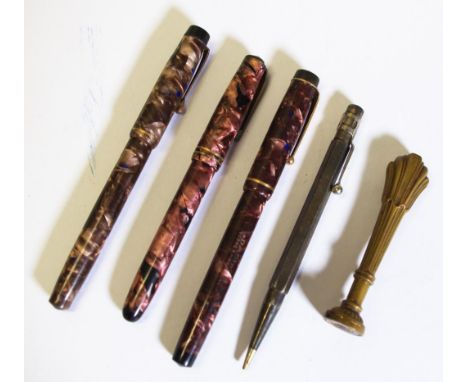Three various vintage fountain pens including Onoto, and Daisy (2), each with marbled barrels, and side filling actions; toge