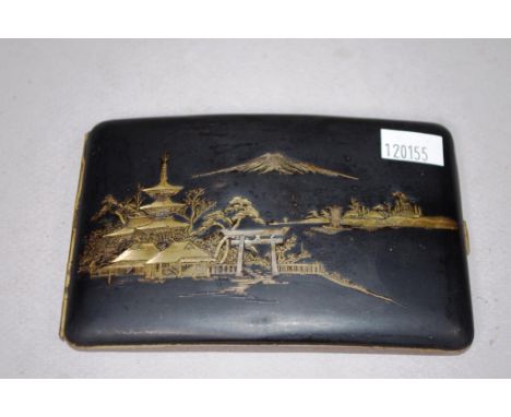 Vintage Japanese damascene cigarette case damascene decoration of shrine and Mt. Fuji. Length 12cm approx.