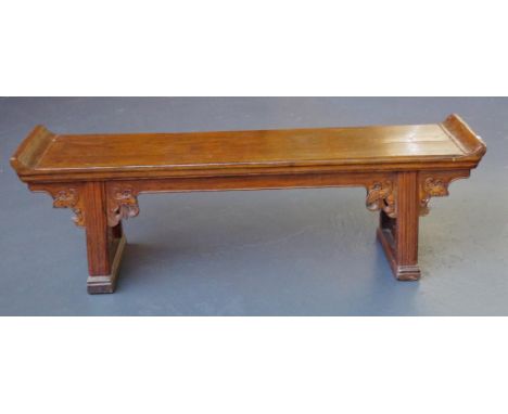 Chinese altar bench with carved base, 132cm wide, 36cm deep, 41cm high