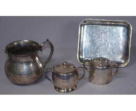 Four vintage Qantas silver plate serving items to include 2 sugar pots, a jug and a tray