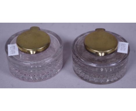 Pair vintage brass lidded glass inkwells (diameter 6.5cm approx, each).