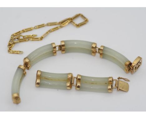 Two broken 9ct gold bracelets to include one jade and gold, with a broken link, and another 9ct gold bracelet with a broken l