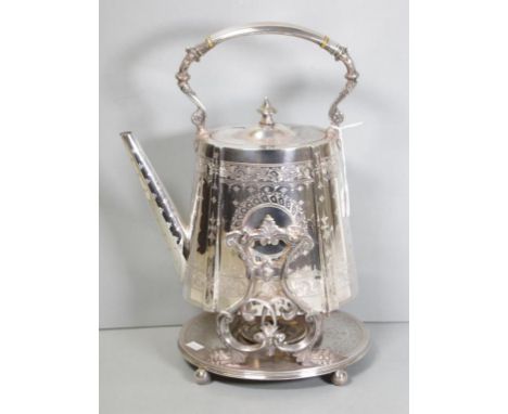 Large silver plated kettle on stand James Dixon & Sons, complete with spirit burner, 39cm high approx.