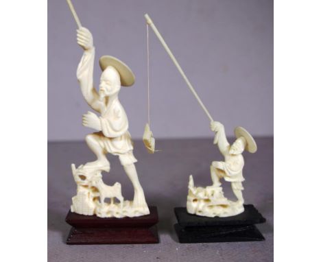 Two vintage Chinese carved ivory figures including fisherman with his catch, on wood stand, (total height 12cm approx); toget