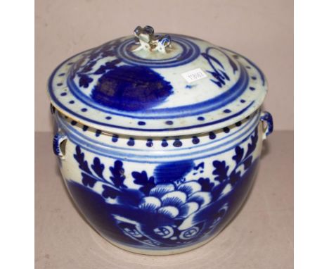 Antique Chinese ceramic blue & white lidded jar early congee bowl, ornamental finial to lid, four handles, (small glaze loss 