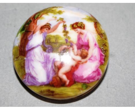 French painted ceramic brooch circular ceramic brooch, painted with classical scene of women with an infant in a garden. Diam