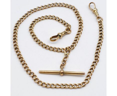 Antique 9ct gold fob chain and t-bar marked 375 9 to bar and both clasps. makers mark rubbed approx 24.6 grams, 48cm length.