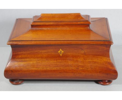 Large Regency/William IV mahogany caddy sarcophagus shape with interior of Rosewood & Birdseye maple stripes and lids, c1830,