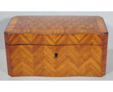 Victorian Kingwood caddy with chevron inlaid sides & front and parquetry top, with brass edges, c1860, 24cm x 12cm, 11cm high