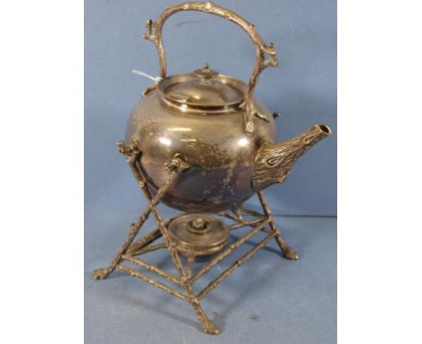 Antique silver plate kettle on stand Stand with tree branch form decoration, includes burner. Marked to base for Hardy Brothe