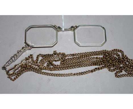 Pair vintage marcasite set lorgnettes on long silver plated muff chain. Length 120cm approx (chain).