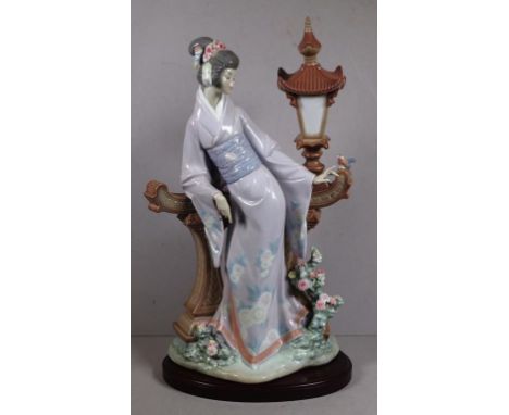 Large Lladro Geisha girl and lantern figurine height cm approx on timber stand