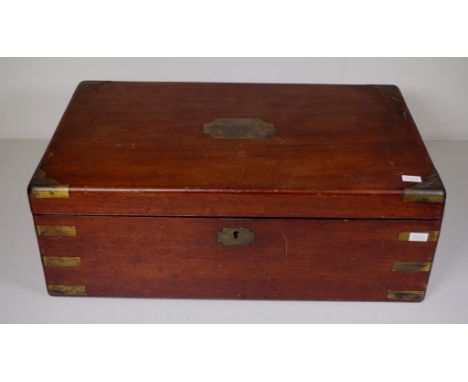 Vintage cedar writing slope brass bound exterior, (worn), with fitted writing slope to inside. Height 17cm length 45cm approx