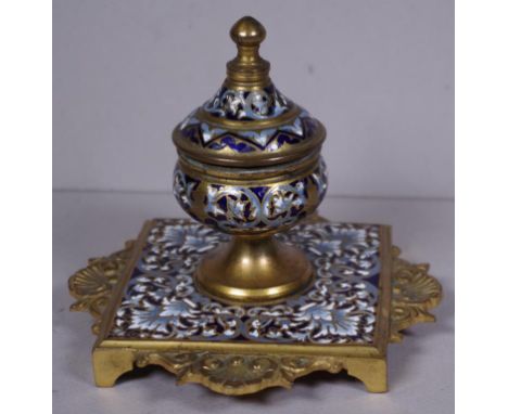 Vintage French enamel & brass inkwell lidded inkwell, with glass liner, enamel decorated on brass, to inkwell and base. Heigh
