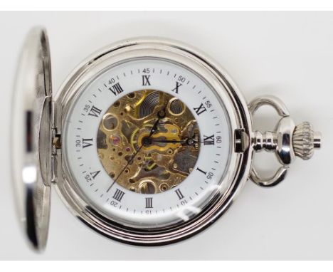 Modern skeleton fob watch Stainless steel case with open window to dial and reverse. Manual wind movement was working when te