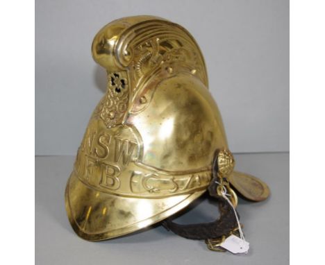 Vintage brass NSW Fire Brigade brass helmet fitted leather interior, marked for Rider & Bell, # 3822,  Height 26cm approx.