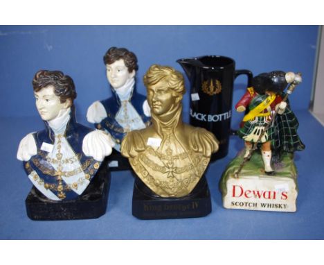 Four various Scotch whisky advertising figures together with a scotch whisky jug, height 21cm approx