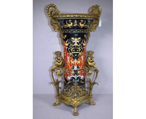 Tall ceramic & ormolu vase figural decoration on iron red and cobalt blue ground, with ormolu decoration to rim and foot. Hei