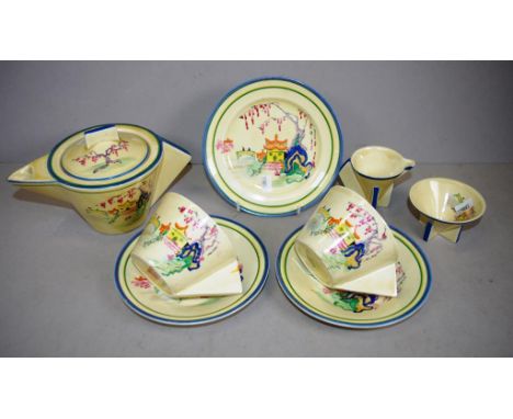 Eight piece Clarice Cliff Wilkinson teaset designed by Clarice Cliff at Wilkinson Ltd, Chinese pagoda pattern, including 2 cu