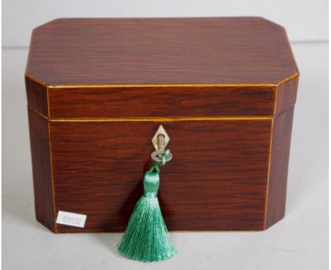 George III casuarina caddy strung in boxwood, with diamond shaped escutcheon, circa 1800, 18.5cm x 10.5cm, 12cm high approx